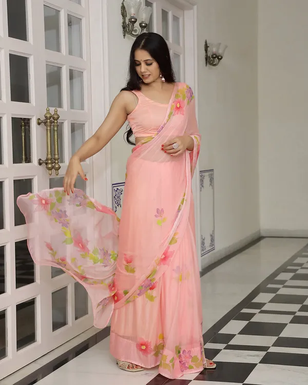Peach__Floral_H_Painted_Chiffon_Saree_For_Women